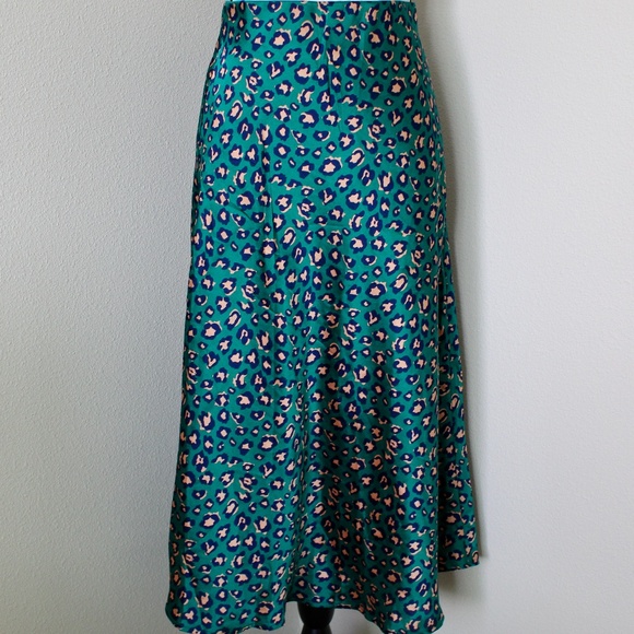 Teal, Beige, & Blue Leopard Print Satin A-Line Midi Skirt - Picture 1 of 6